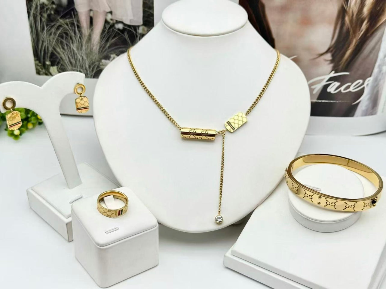 The G Necklace,Earings,Bracelet and Ring Set