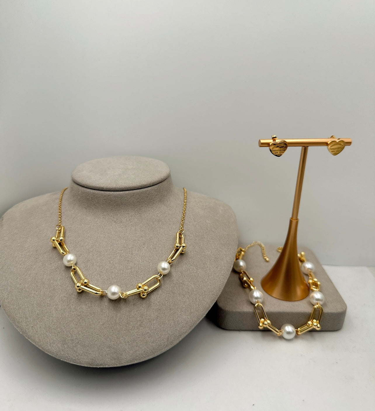 The Pearl and T Necklace, Earring, and Bracelet