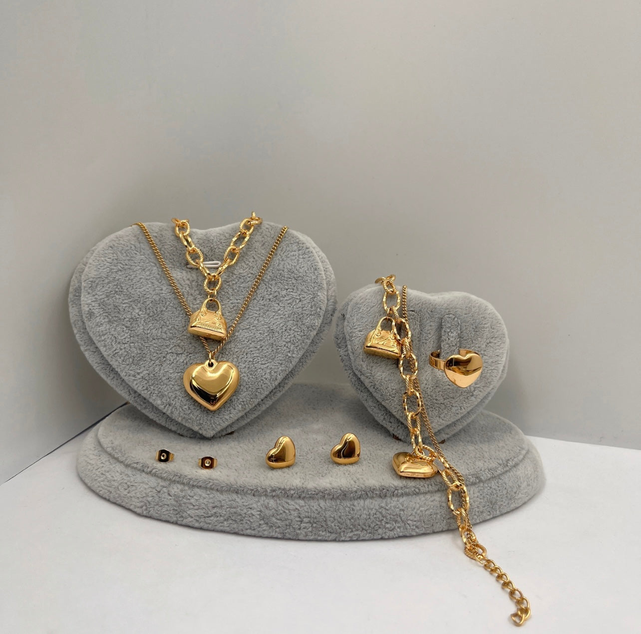 Two Layer Heart Necklace, Ring,Bracelet and Earings Set