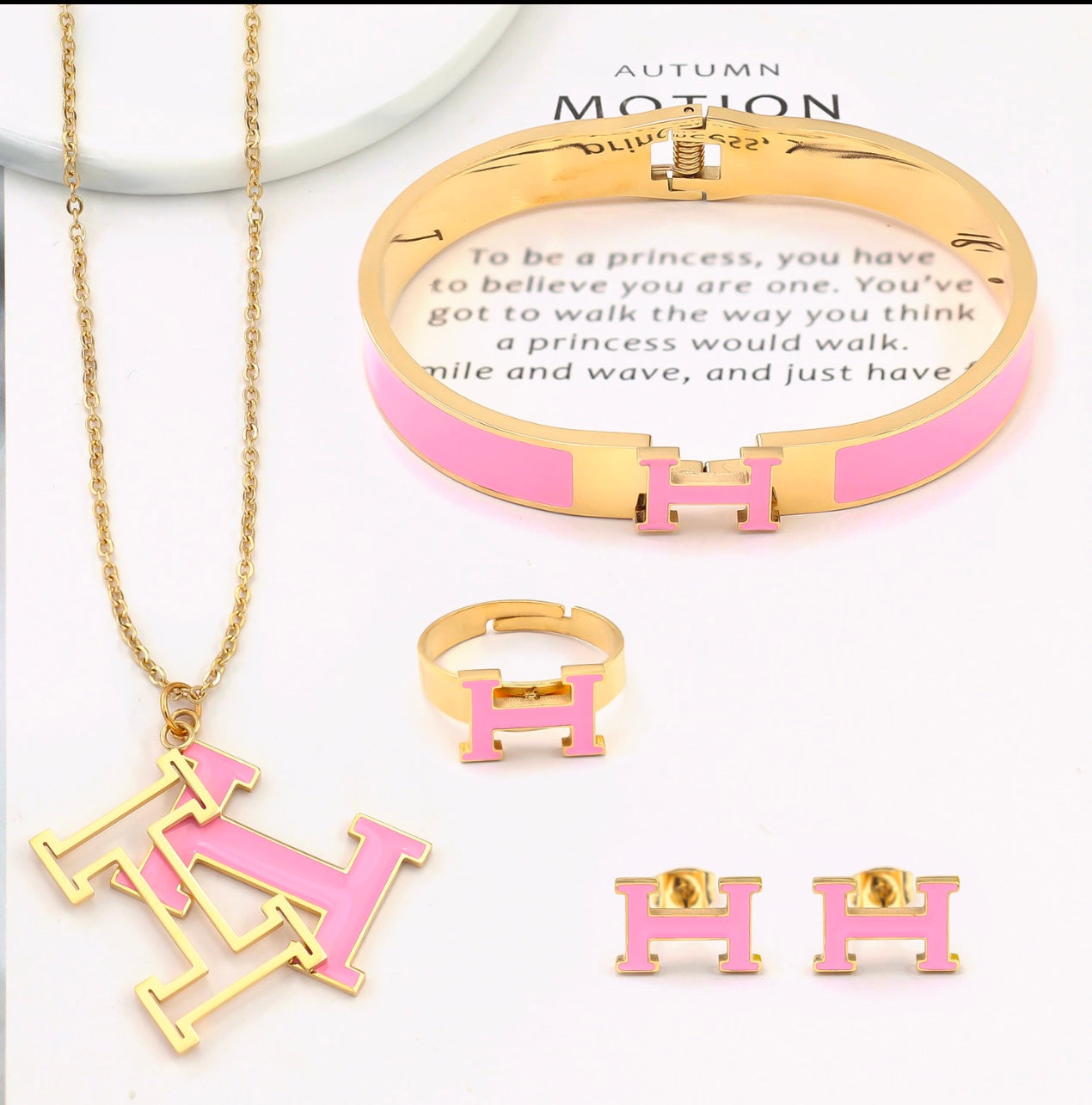 Pink H Necklace, Earings, Bracelet and Adjustable Ring Set
