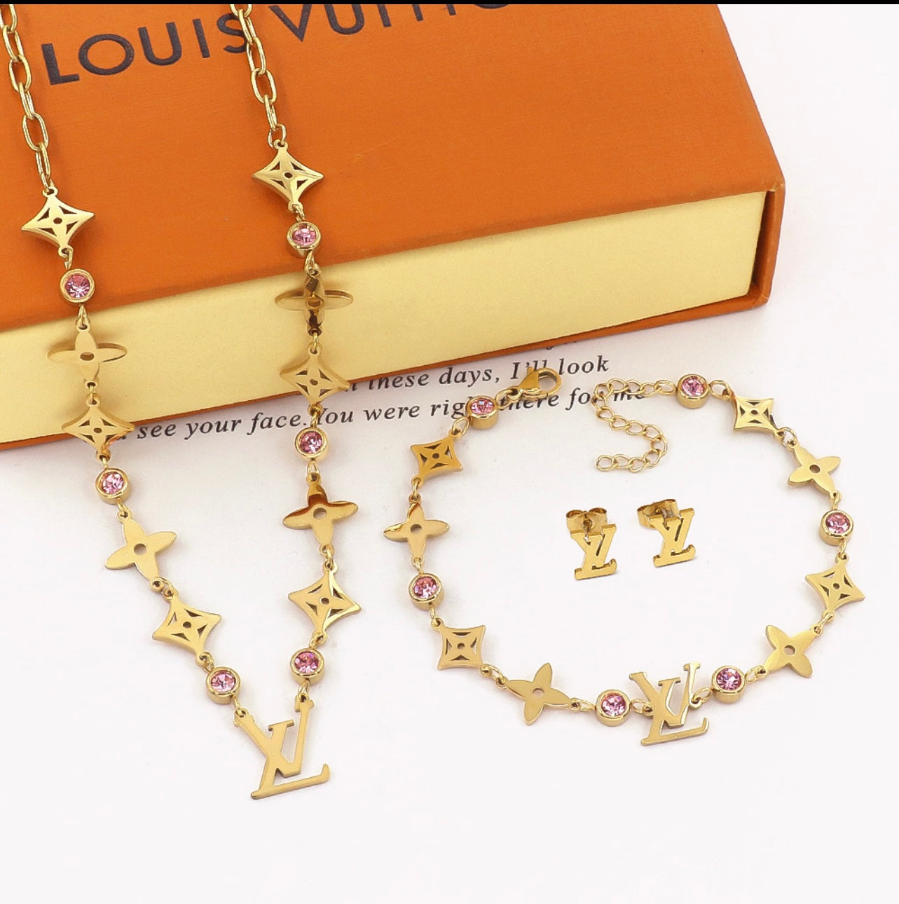 L and V Necklace, Earings and Bracelet Set
