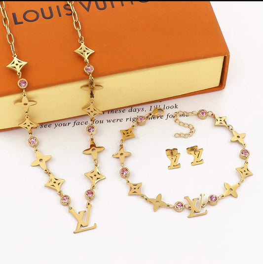 L and V Necklace, Earings and Bracelet Set