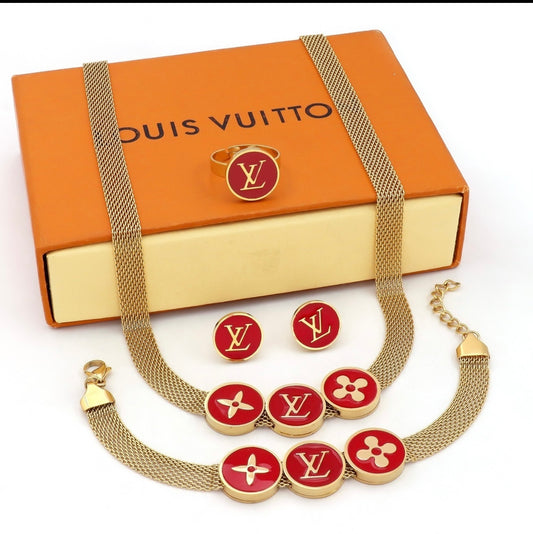 The Red L and V Necklace, Earings, Bracelet and Ring set