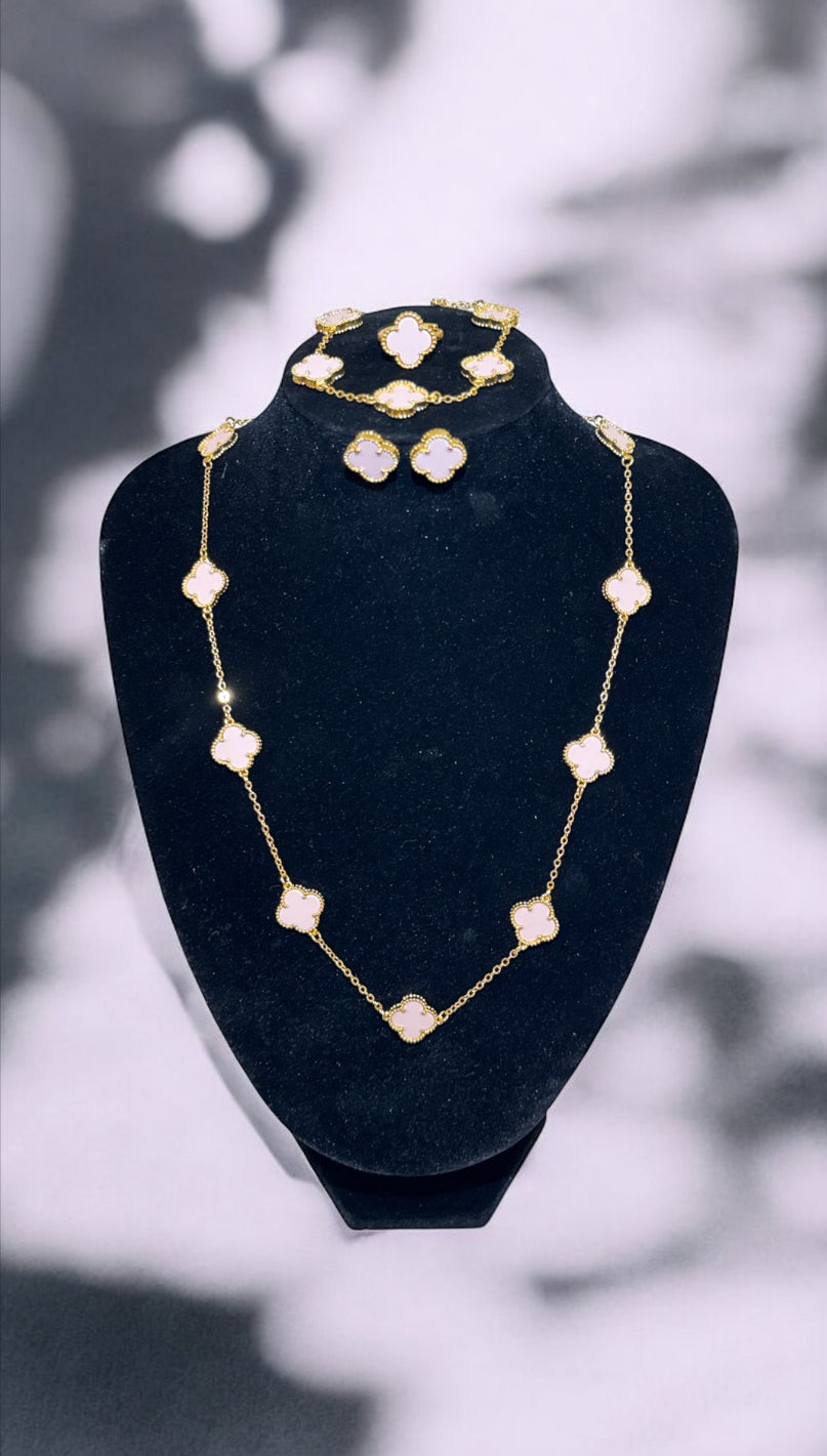 Baby Pink Clover Necklace,Earings,Bracelet and Adjustable Ring Set