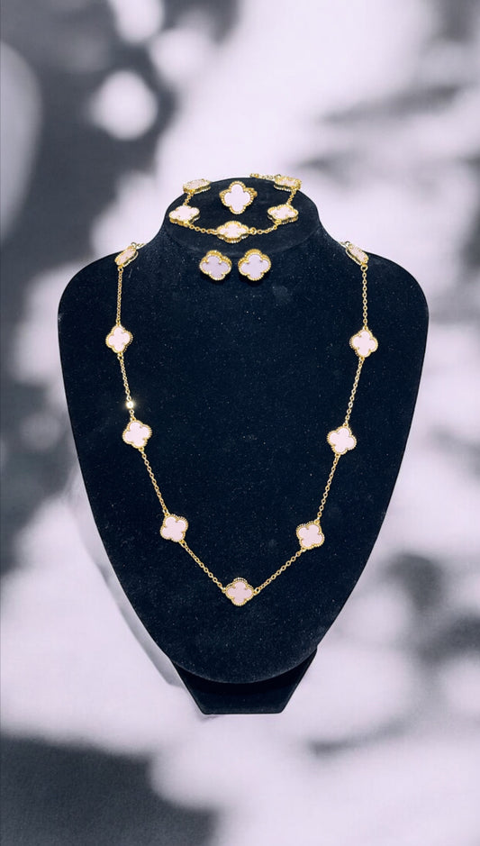 Baby Pink Clover Necklace,Earings,Bracelet and Adjustable Ring Set