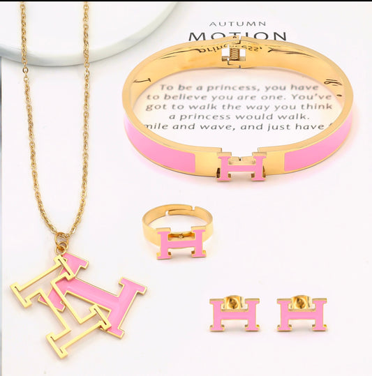 Pink H Necklace, Earings, Bracelet and Adjustable Ring Set