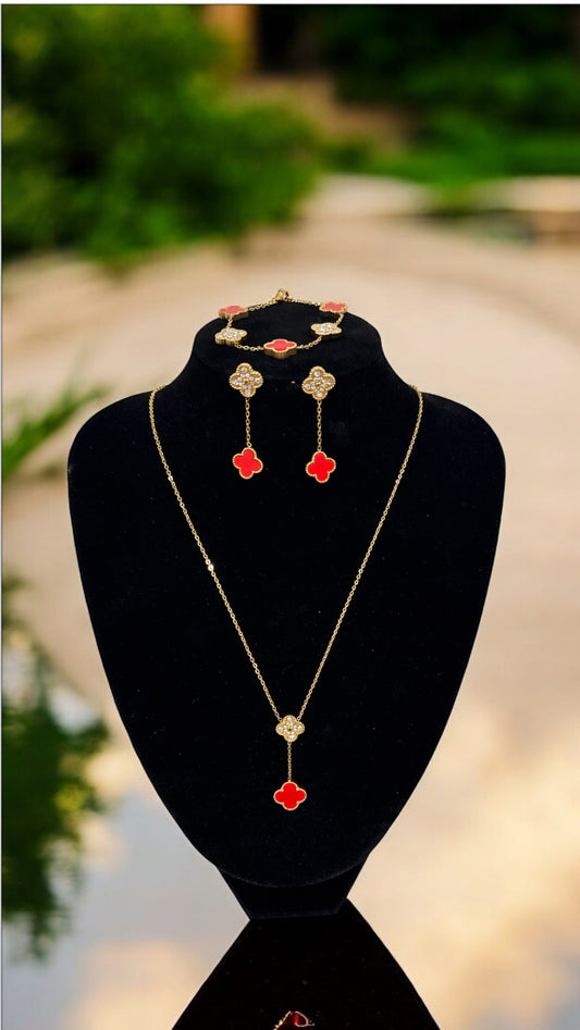 Red and Golden Clover Necklace,Earings and Bracelet Set
